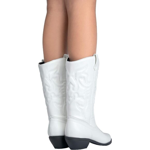 Women Polyurethane White Mid Calf Low Heel Pointed Toe Cowgirl Western Boot - Picture 9 of 9